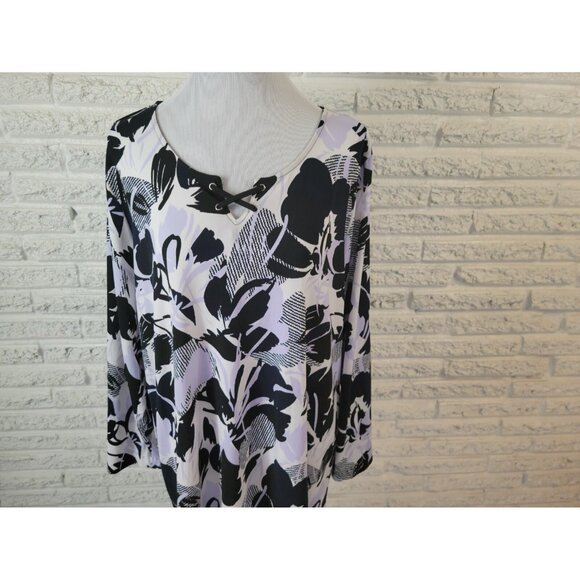 CJ Banks Womens Top 1X Plus Tunic 3/4 Sleeve Lace Up Black Floral FLO340E - Picture 3 of 8